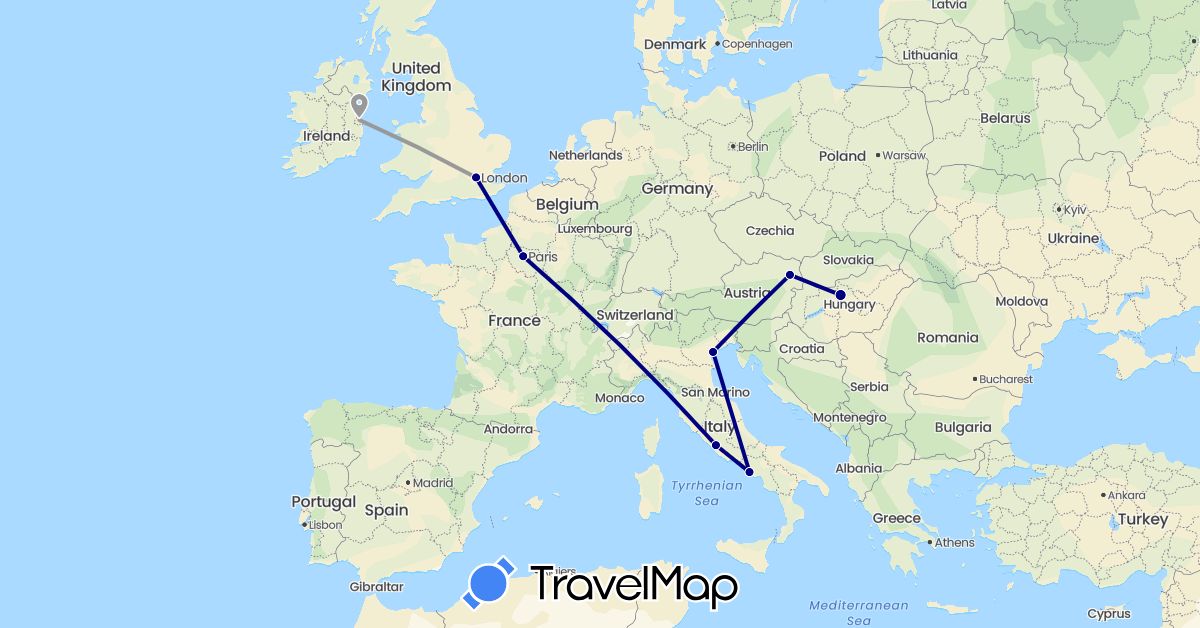 TravelMap itinerary: driving, plane in Austria, France, United Kingdom, Hungary, Ireland, Italy (Europe)